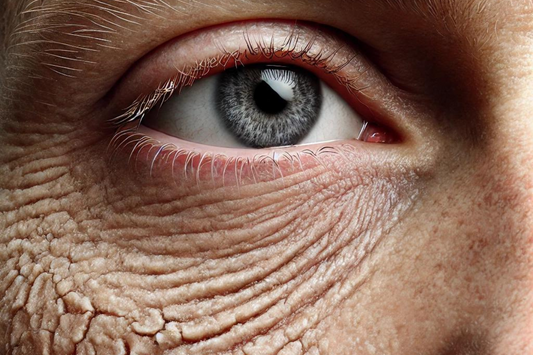 Een realistische close-up van een vrouw met droge huid onder de ogen.